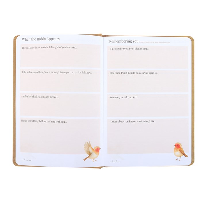 Open book with text and illustrations of robins on a white background