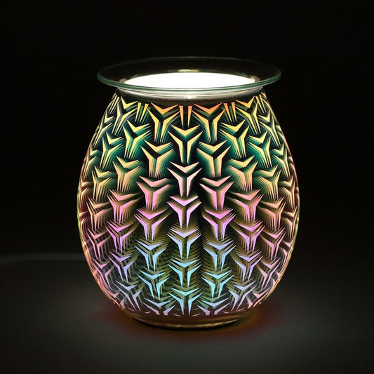 3D Geometric Light Up Electric Oil Burner with colourful illuminated pattern on glass, ideal for ambient fragrance.