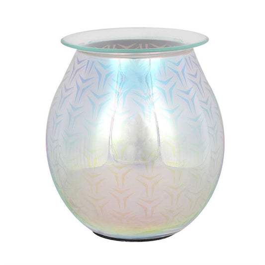 3D Geometric Light Up Electric Oil Burner in iridescent glass, glowing softly on a level surface.