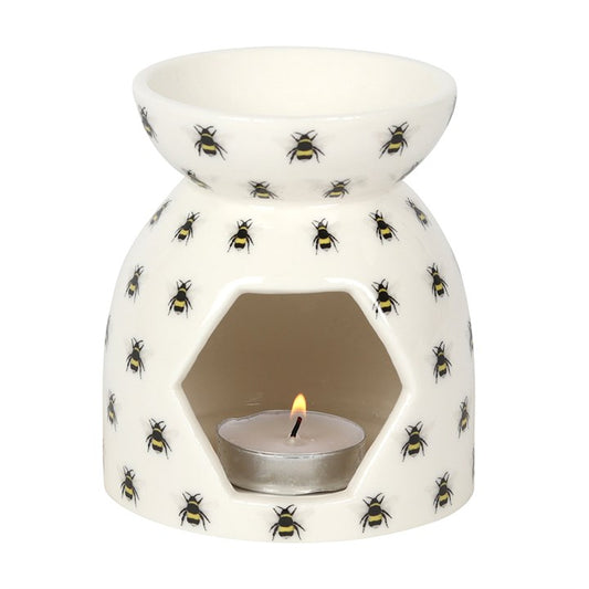 All Over Bee Print Oil Burner - cheerful ceramic fragrance warmer with bee print and hexagonal opening.