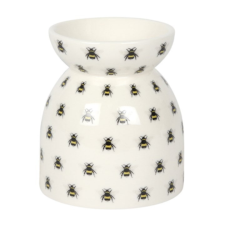 All Over Bee Print Oil Burner: white ceramic fragrance warmer with a cheerful bee print.