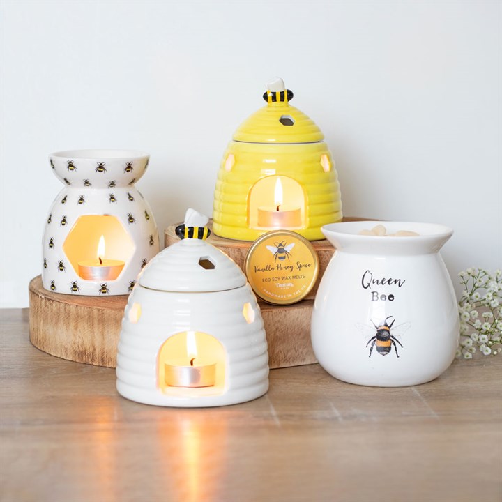 All Over Bee Print Oil Burner, cheerful ceramic fragrance warmer with bee pattern trio.