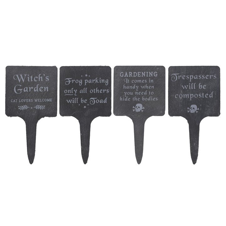 Quirky Set of 4 Slate Gothic Garden Signs adding dark humour to your garden décor, perfect for plant pots and borders.