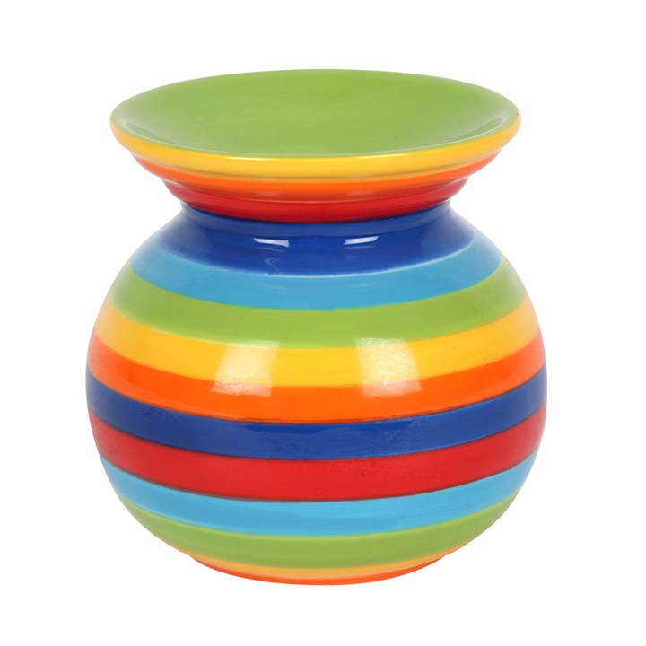 Rainbow-striped ceramic oil burner for fragrance oils and wax melts, 10.5 cm high, 10 cm wide.