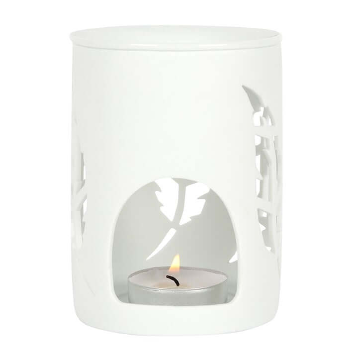 White Ceramic Feather Cut Out Oil Burner for Fragrance Oils and Wax Melts Contemporary Decorative Candle Warmer