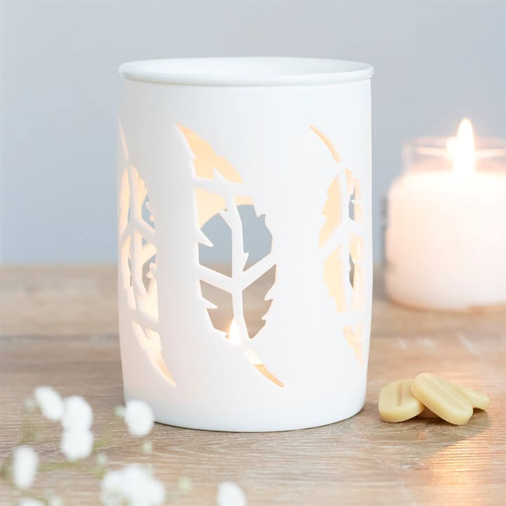 White Ceramic Feather Cut Out Oil Burner for Fragrance Oils and Wax Melts Contemporary Decorative Candle Warmer