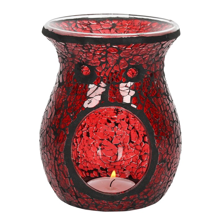 Large red crackle glass oil burner and wax warmer with tea light inside, 14cm high, 11cm wide