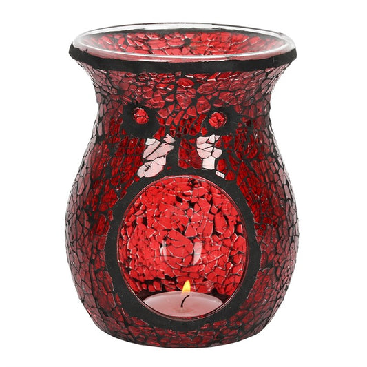 Large red crackle glass oil burner and wax warmer with tea light inside, 14cm high, 11cm wide