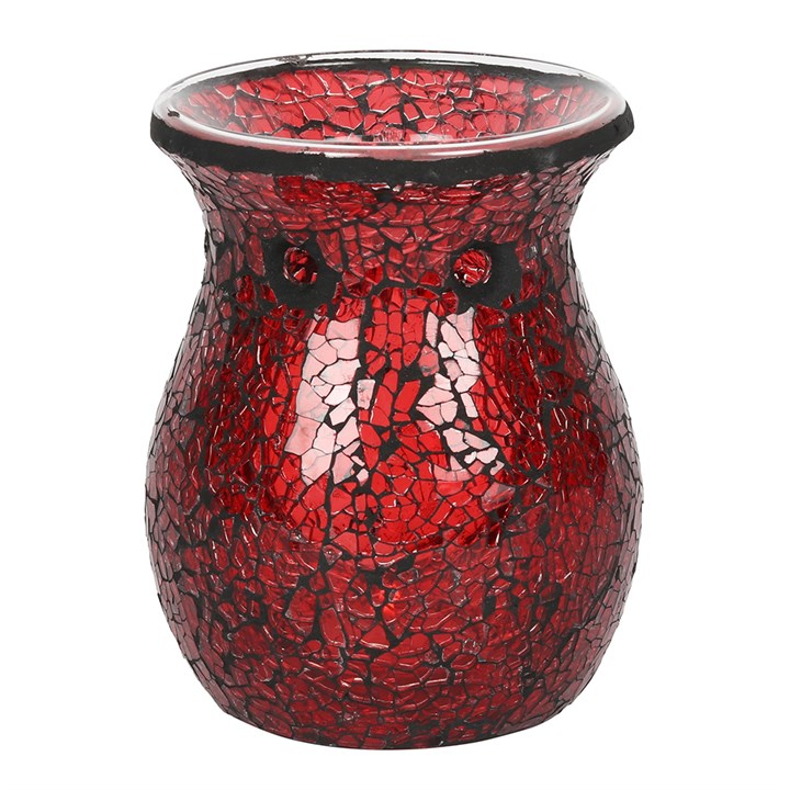 Large red crackle glass oil burner and wax warmer with mosaic crackle finish, 14 cm tall by 11 cm wide.