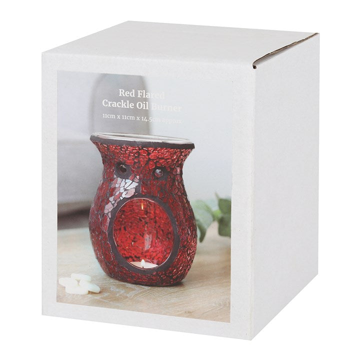 Large red crackle glass oil burner and wax warmer with crackle design, 14 cm high, 11 cm wide.