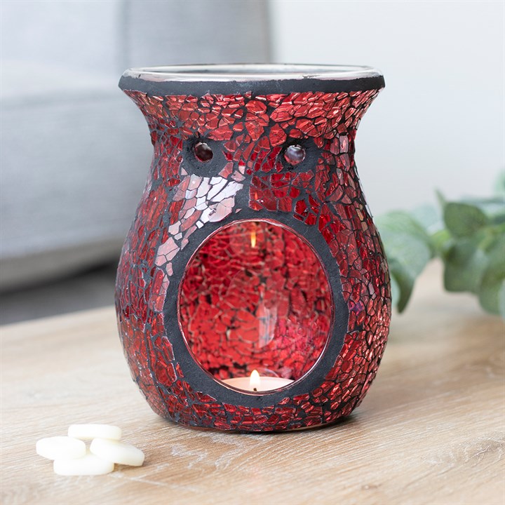 Large red crackle glass oil burner and wax warmer with tealight inside; wax melts beside.