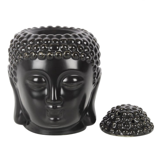 Black Buddha Head Oil Burner: matte black Buddha head oil burner for serene Zen ambience.