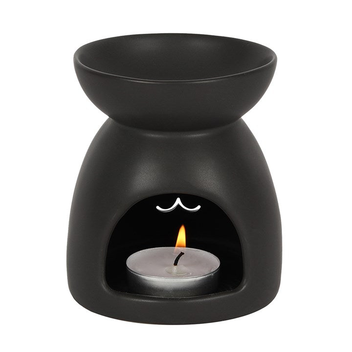 Black Cat Cut Out Oil Burner and Wax Warmer - black ceramic cat-face oil burner with matte finish and tealight