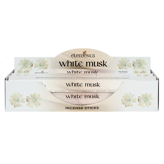Set of 6 Packets of Elements White Musk Incense Sticks in stylish packaging, featuring floral design and calming aroma.