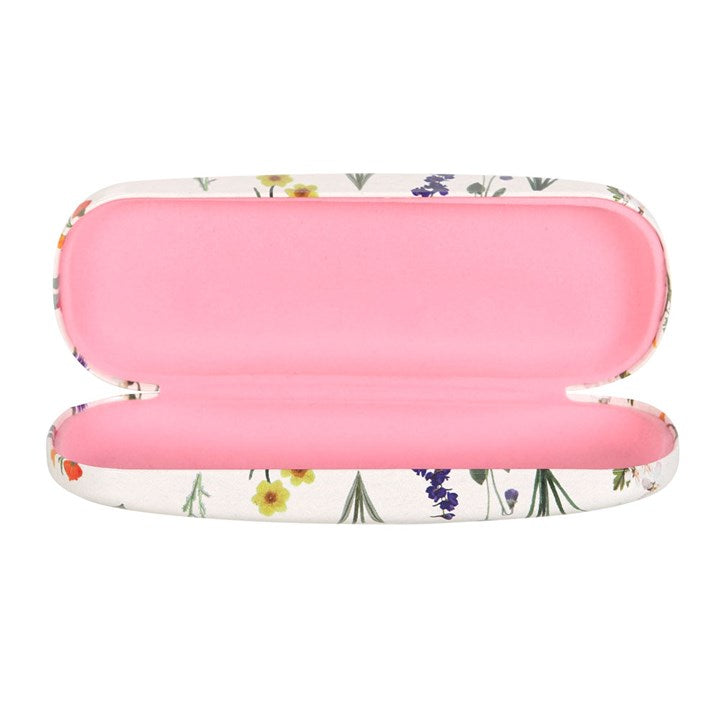 Wildflower Glasses Case: floral print hard-shell with pink lining.