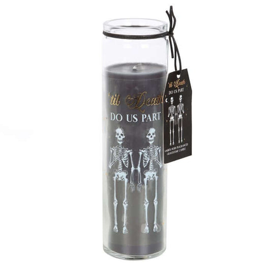 Til Death Do Us Part Amber Noir Tube Candle With Skeleton Couple Design in a glass container.