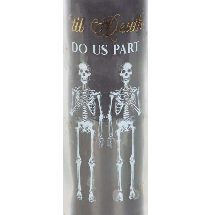 Til Death Do Us Part Amber Noir Tube Candle With Skeleton Couple Design featuring skeletons on a black candle.