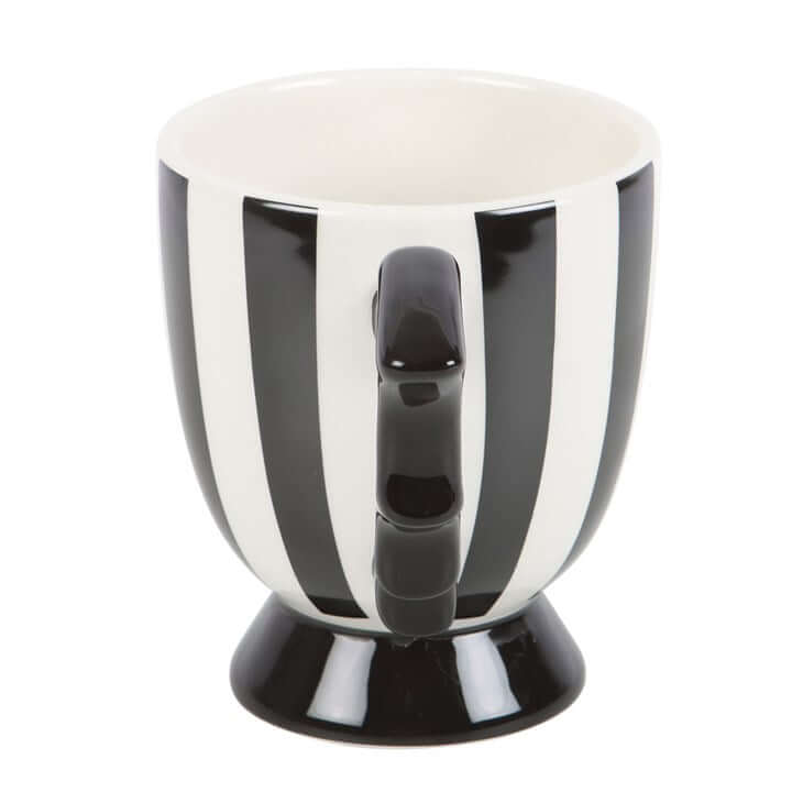 Striped Bat Wing Teacup, a ceramic teacup with monochrome stripes and bat-wing handle, 490ml capacity, pedestal base.