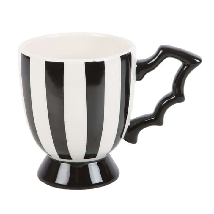 Striped Bat Wing Teacup, ceramic with black-and-white vertical stripes and bat-wing handle, 490ml