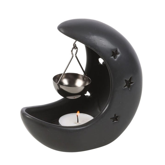 Black Crescent Moon Hanging Oil Burner with star-cutout design, suspended metal bowl and lit tealight candle.