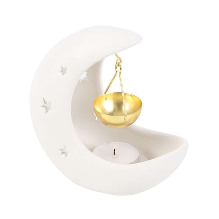 White Crescent Moon Hanging Oil Burner With Gold Dish For Fragrance Oils showcasing a celestial design and warm ambiance.