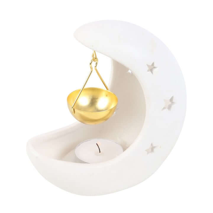 White Crescent Moon Hanging Oil Burner With Gold Dish For Fragrance Oils with star details and hanging bowl.