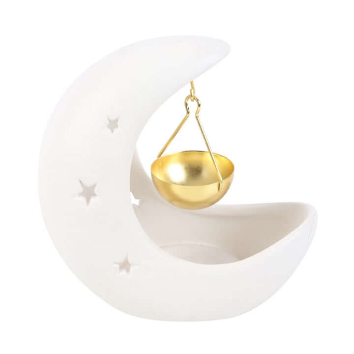 White Crescent Moon Hanging Oil Burner With Gold Dish For Fragrance Oils with cut out star design.