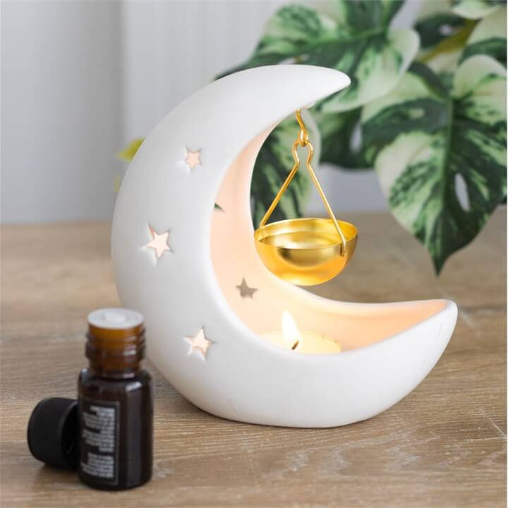 White Crescent Moon Hanging Oil Burner With Gold Dish For Fragrance Oils, atmospheric home decor with candle and essential oil.