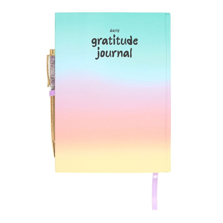 Multicoloured Gratitude Journal with Amethyst Pen, perfect for tracking goals and daily gratitude in style.