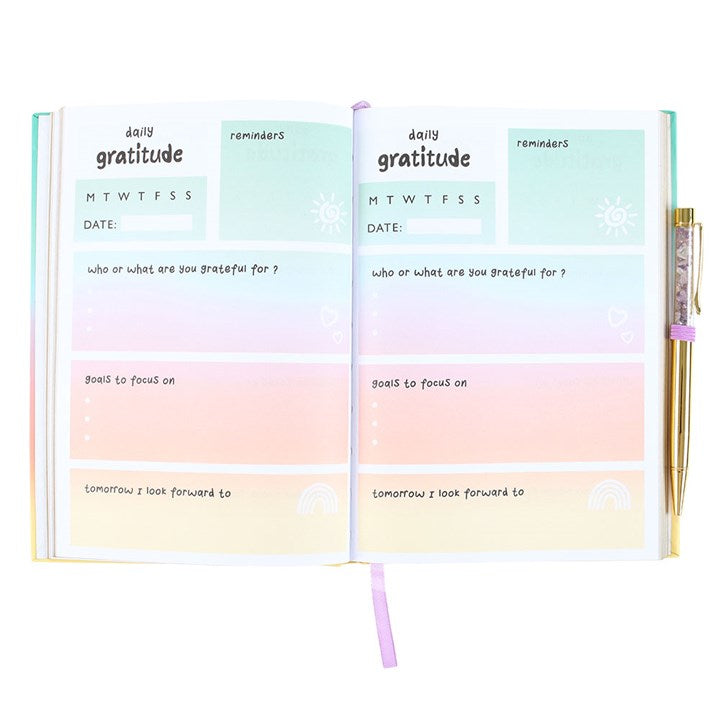 Cheerful Multicoloured Gratitude Journal with Amethyst Pen, perfect for tracking goals and daily gratitude.