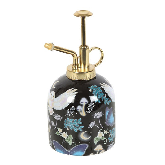 Stylish Night Flight Owl Print Ceramic Plant Mister with gold detailing, perfect for indoor garden enthusiasts.