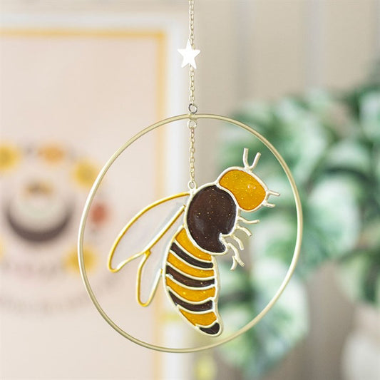 Brighten your home with the Summer Bee Suncatcher, featuring a charming bee, star, and crescent moon design.