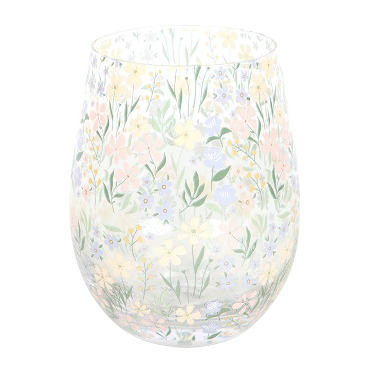 Ditsy Floral Print Stemless Glass featuring delicate purple floral design, perfect for gifts and special occasions.