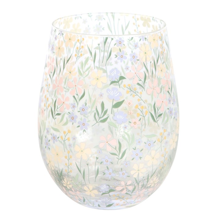 Delicate Ditsy Floral Print Stemless Glass, 550ml, perfect for gifts, beautifully adorned with purple floral patterns.