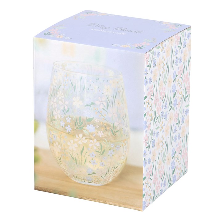 Ditsy Floral Print Stemless Glass featuring a delicate purple floral design, perfect for gifting and enjoying beverages.