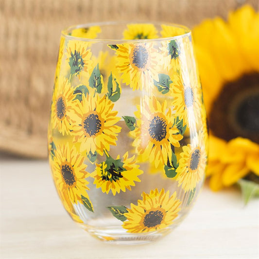 Brighten your day with our Sunflower Print Stemless Glass, featuring a vibrant all-over sunflower design. Perfect for sipping!