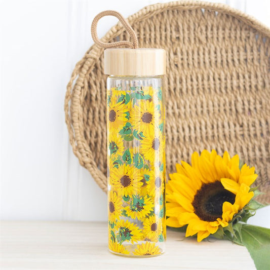 Sunflower Print Glass Water Bottle – cheerful hydration companion with bamboo lid and cord loop.
