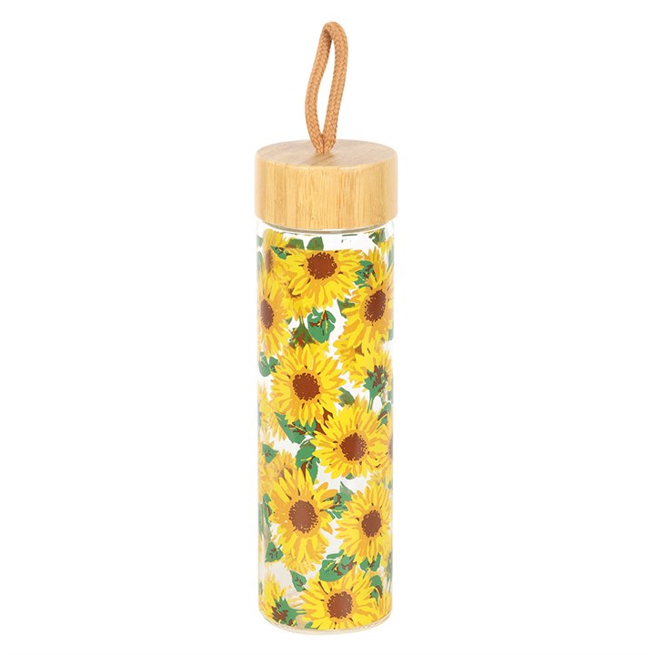Sunflower Print Glass Water Bottle with all-over sunflower design, bamboo lid and cord loop.