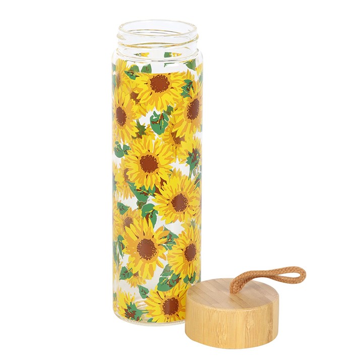 Sunflower Print Glass Water Bottle with bamboo lid and cord loop - cheerful hydration companion.