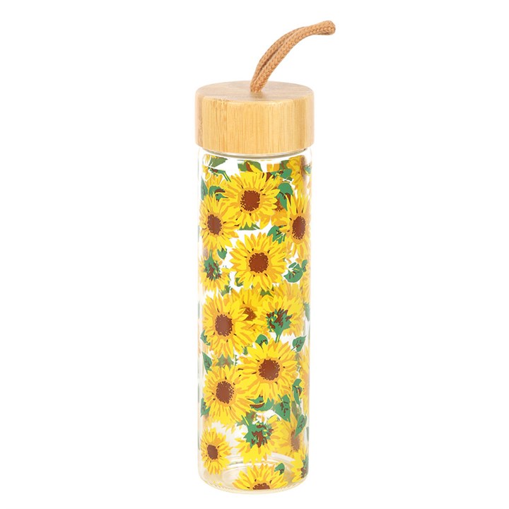 Sunflower Print Glass Water Bottle with bamboo lid and cord loop – cheerful hydration companion.