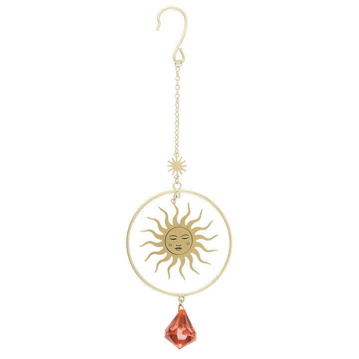 Elegant Golden Hour Crystal Suncatcher with a gold sun design and vibrant orange crystal, perfect for brightening spaces.