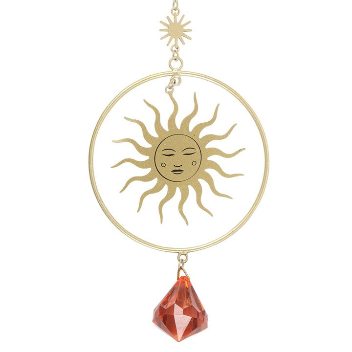 Illuminate your space with the Golden Hour Crystal Suncatcher, showcasing a gold sun design and vibrant orange crystal.