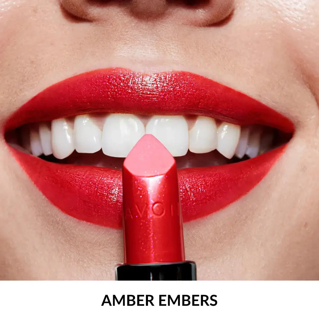Avon Ultra Shimmer Lipstick Pearl Pigment Finish - Choose Your Shade in Amber Embers on model's lips.