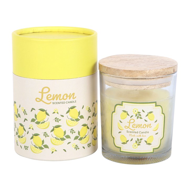 Lemon Scented Candle in a fruity design with wooden lid, perfect for gifting and freshening up your space.