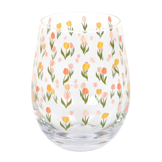 Tulip Print Stemless Glass with colourful tulips, perfect for spring celebrations and garden parties.