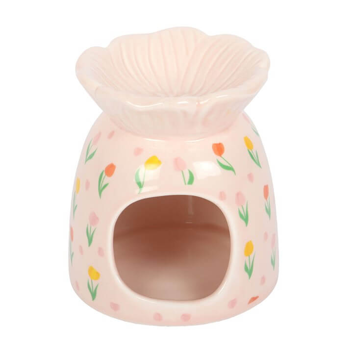 Hand Painted Tulip Print Ceramic Oil Burner And Wax Warmer with colorful tulip design, perfect for fragrance oil or wax melts.