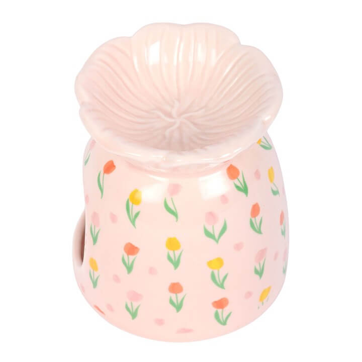 Hand Painted Tulip Print Ceramic Oil Burner And Wax Warmer with floral design for fragrance oil or wax melts.