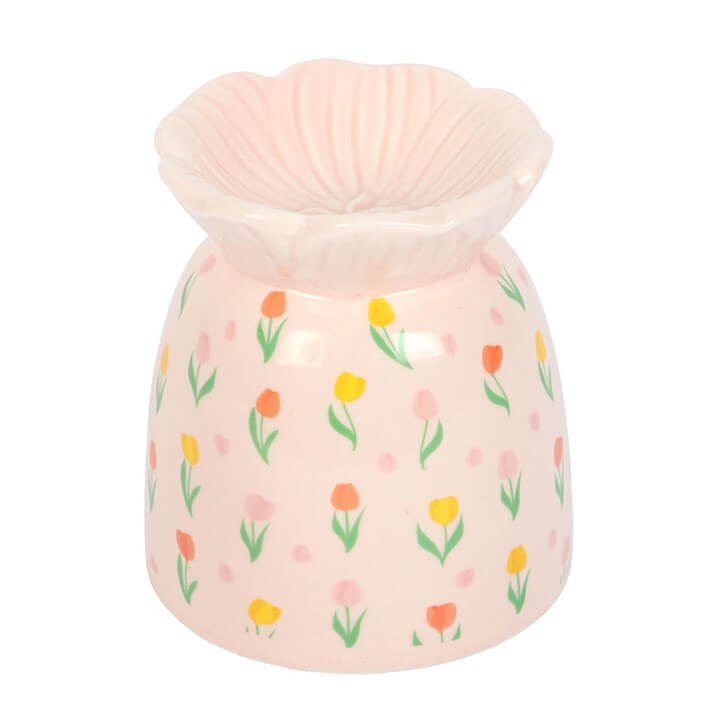 Hand Painted Tulip Print Ceramic Oil Burner And Wax Warmer with colorful tulip design.