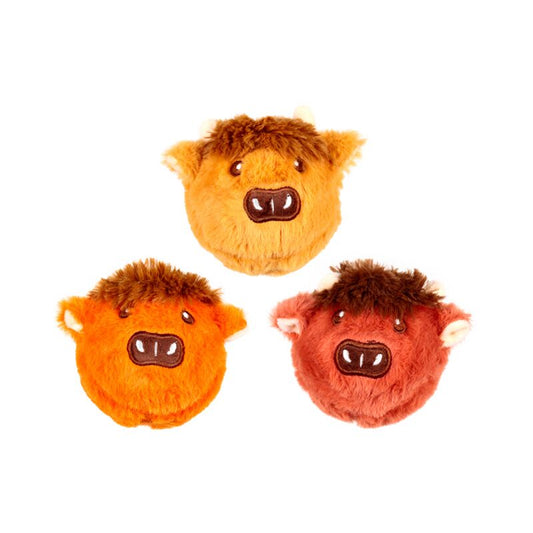 Three Hairy Coos Highland Coo plush ball toys in orange, tan and brown with cute faces for high-bounce play.