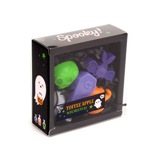 Handmade wax melt set of 5 - Spooky; Toffee Apple scent with green skull, purple coffin and orange pumpkin shapes.